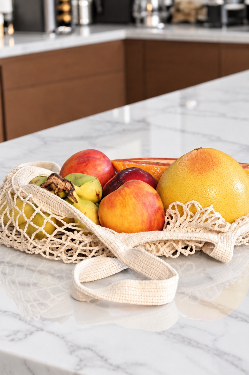Bolsa de malla con fruta en encimera de mármol